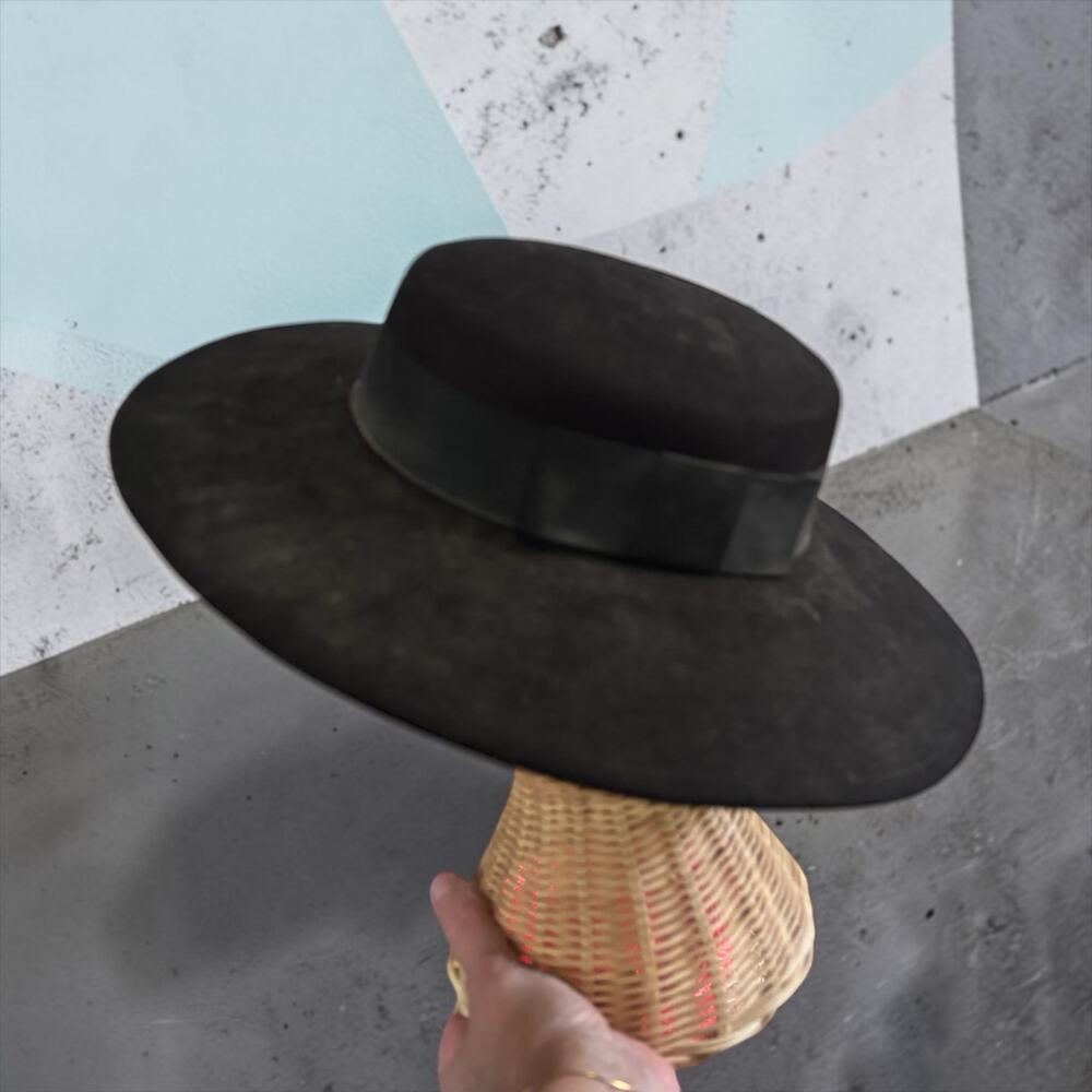Vintage Black Wide Brim Flat Top Boater Hat Wool Felt Church Derby Size 22